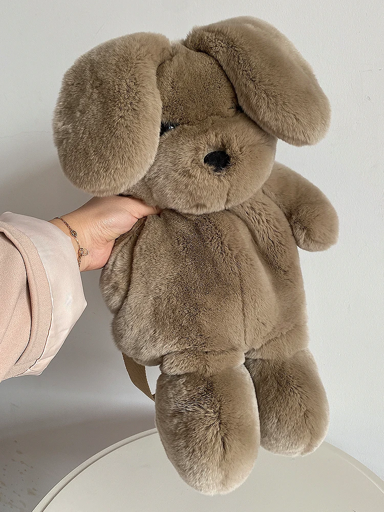 

New cute Rex rabbit fur leather animal backpack plush toys puppy rabbit long ears doll bag Girls birthday present