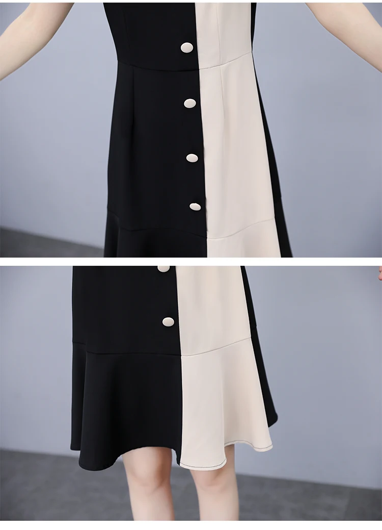 

Summer New Office Lady Fashion Plus Size Loose Butterfly Sleeve Soid Color Print Patchwork Single Breasted Knee-Length Dress