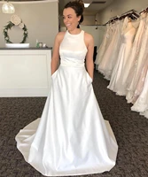 a line wedding dress with pocket satin 2021 white simple bridal gown count train elegant o neck robe de mariee custom made