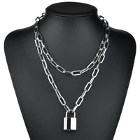 padlock key cross double layer lock chain necklace on neck metal punk link chain pendant necklace women fashion gothic jewelry