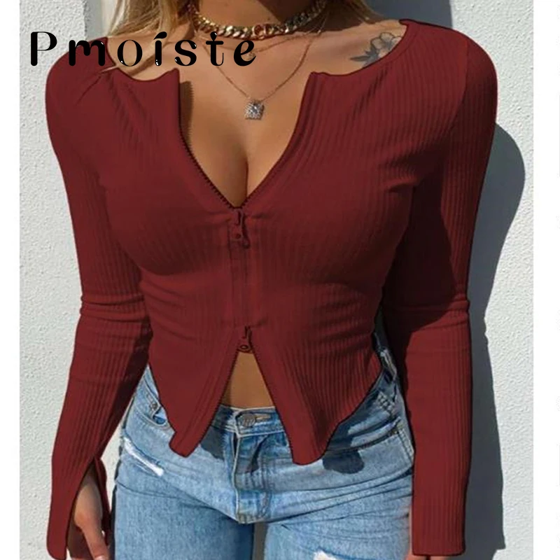 

Women T-shirt Ribbed Knitted Clothes Long Sleeve Crop Tops Zipper Design Tee Sexy Female Slim Black White Tops Large Size 5XL