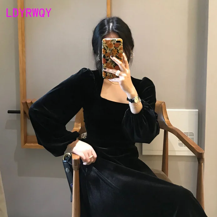 Женское бархатное платье до колена с квадратным вырезом и в стиле ретро для офиса