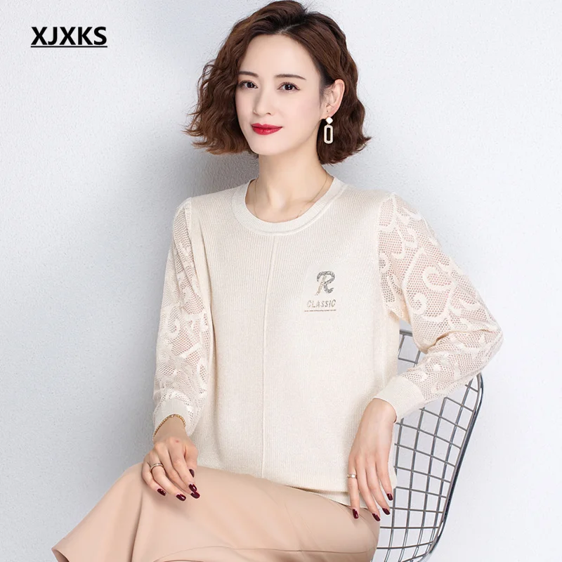 

XJXKS 2021 spring autumn new wool knitted sweater women pullover round neck long-sleeved women thin sweater