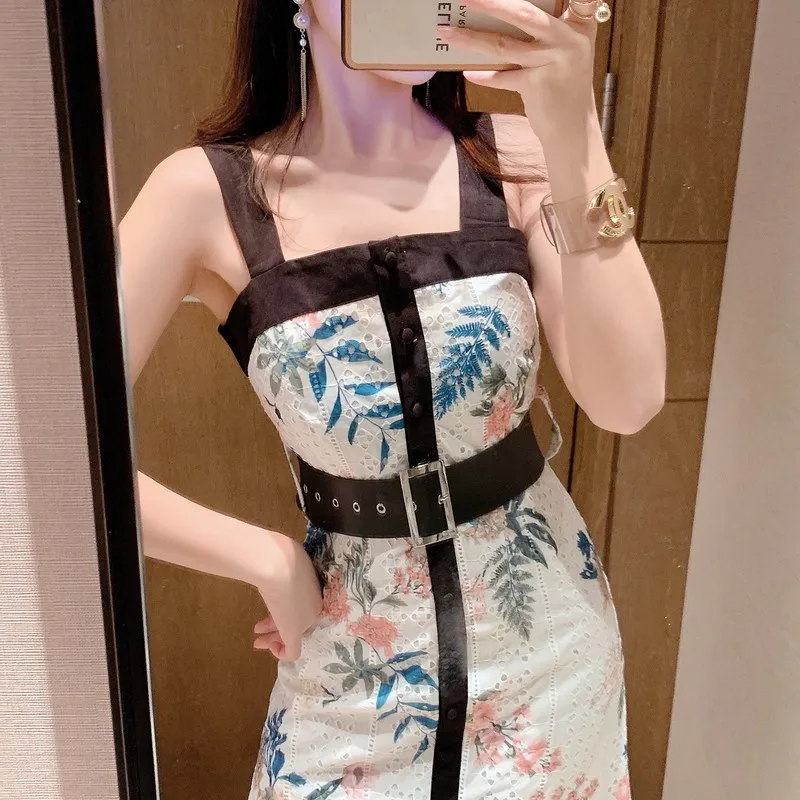 

Hwaii Women Vacation Dress 2021 Summer Hollow Out Floral Tank Dress Long Sleeveless Strapless Straight HOliday Dress With Belt