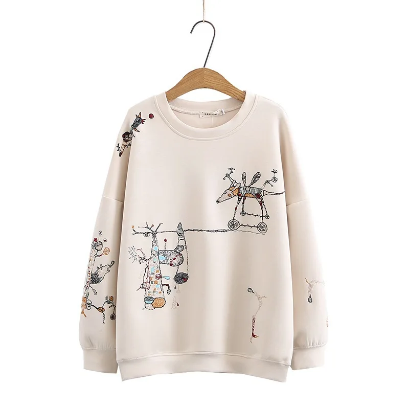 

2021 Harajuku Fashion Stitch-Embroidered Long-Sleeved O- Neck Breathable Hoodie Top Casual Sweatshirt Women Spring Autumn New