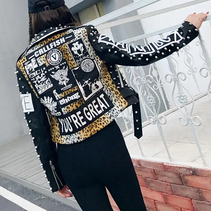 Black leopard PU leather jacket women Punk Style Rivets short coat female Motorcycle jackets with belt