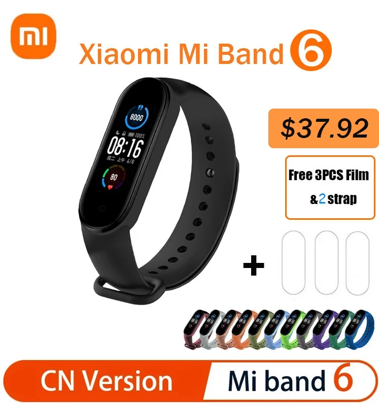 

Спортивные часы Xiaomi Mi Band 6, водонепроницаемые Смарт-часы с AMOLED экраном, фитнес-трекер с насыщением крови кислорода в крови, Bluetooth