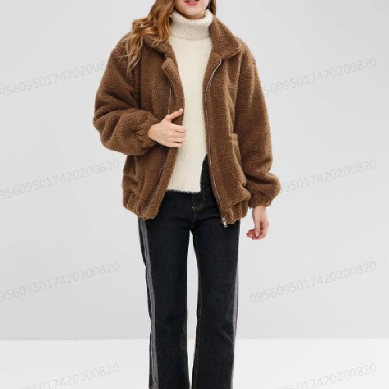 ZAFUL Zip Up Fluffy Winter Coat Fashion Women Lamb Wool Loose Jacket Pocket Soft Sherpa Autumn Ladies Tops |
