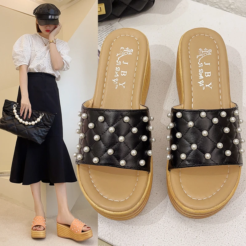 

Shoes Woman 2021 Slippers Heels Luxury Slides On A Wedge Platform String Bead Pantofle High Designer New Summer Fashion Rome PU