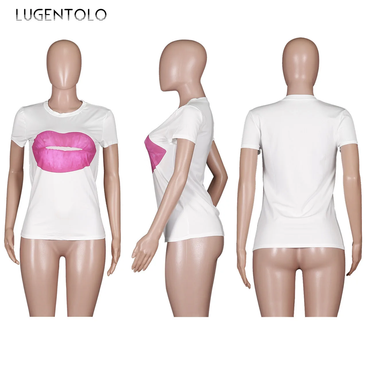 

Women Summer T-shirt Fashion Lip Print Tee Short-Sleeve Tops Solid O-neck Slim-Fit Tshirt Casual Female T-shirts Lugentolo