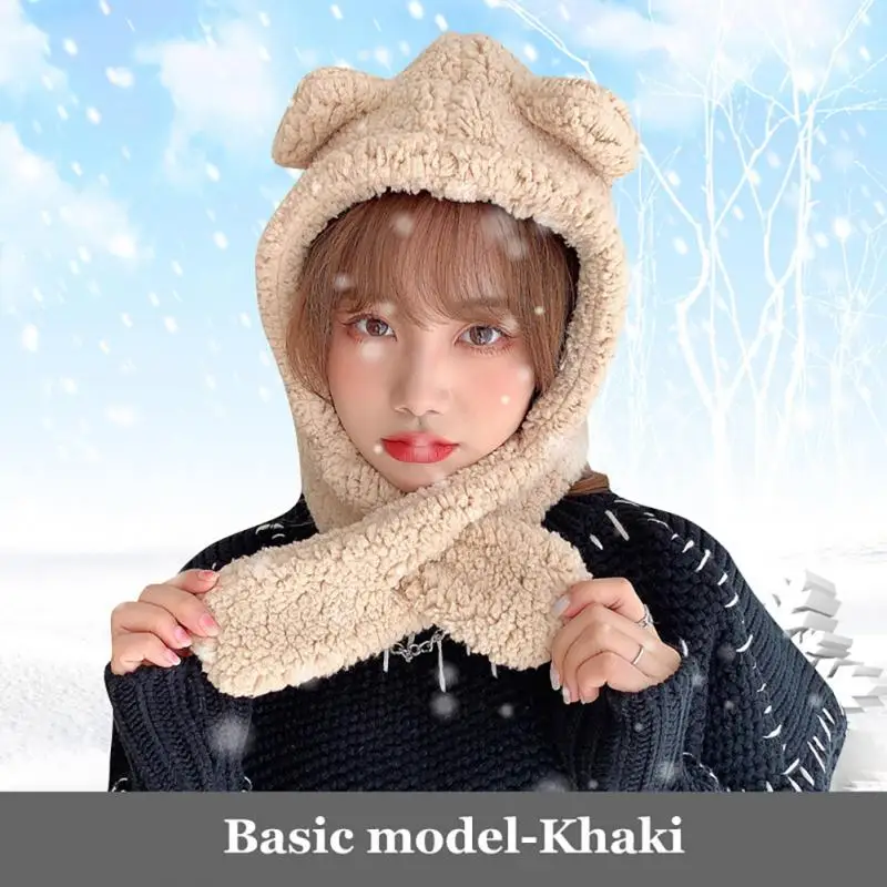 

2021 новый модный шарф с капюшоном шапка из двух частей зимняя теплая шапка из ягненка и бархата повседневные однотонные флисовые шапки Милая...