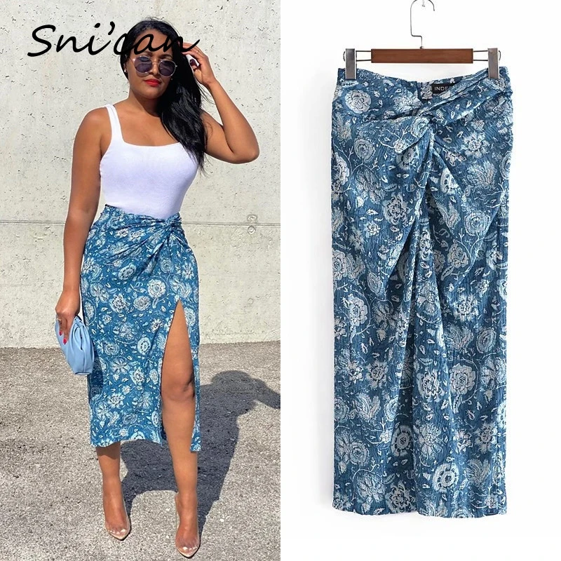 

Blue Floral Asymmetrical Slit Skirt Bandage Knots Sexy Split Midi Faldas Mujer Jupe Longue Femme Za 2021 Women Bottom Summer New