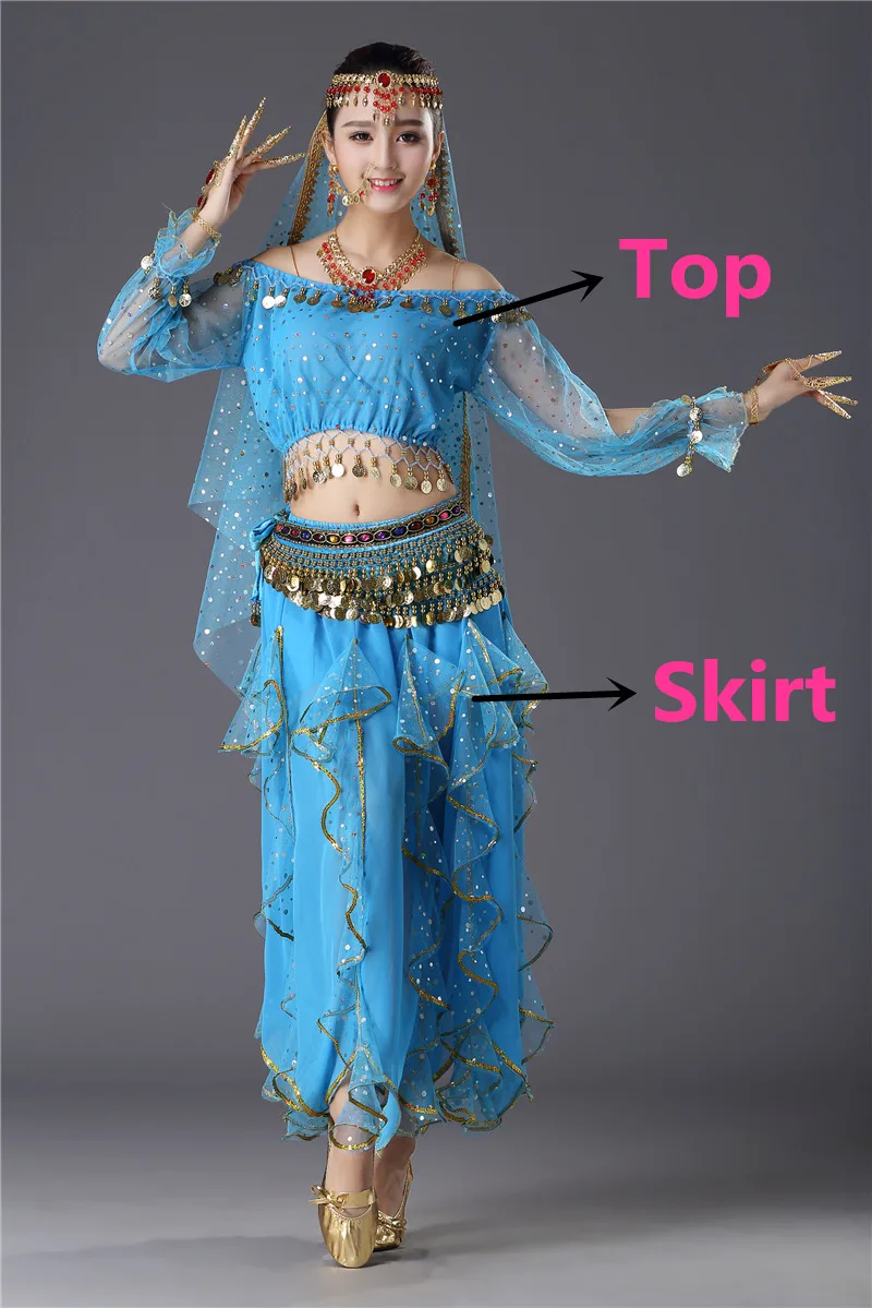 Ocean Blue 2pcs Костюмы для танца живота, Египетский сценический танец, индийский танец живота, Женский Болливуд, длинные рукава, Одежда для танцев для девочек - Цвет: Ocean Blue 2pcs