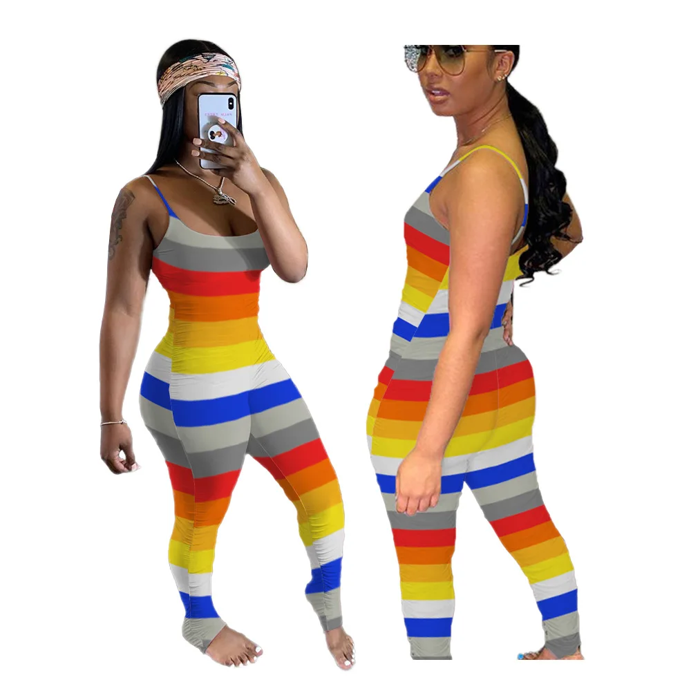 

Wholesale summer rompers 2020 new arrival colorful striped printed evening party club sexy jumpsuits korean outfits