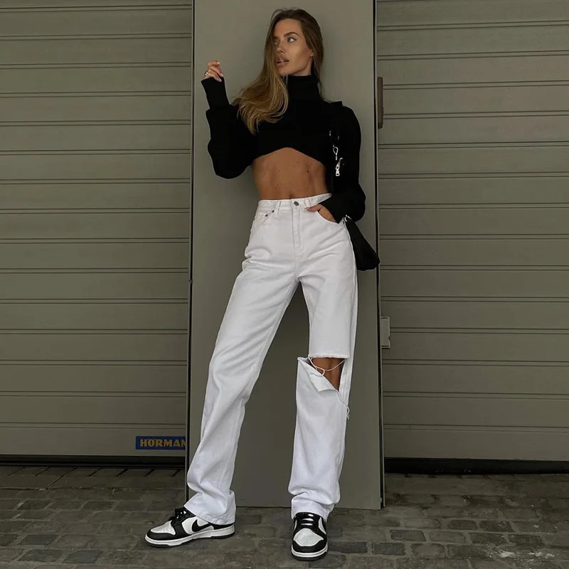 

White Ripped Holes Casual Jeans Women Hip Hop High Waist Denim Trousers Ladies Vintage Boyfriend Pants s Summer