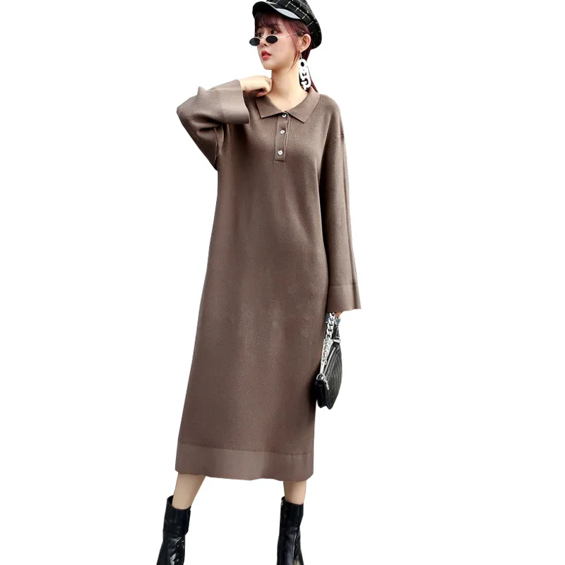 Осенне-зимнее трикотажное платье-свитер в Корейском стиле с воротником-поло