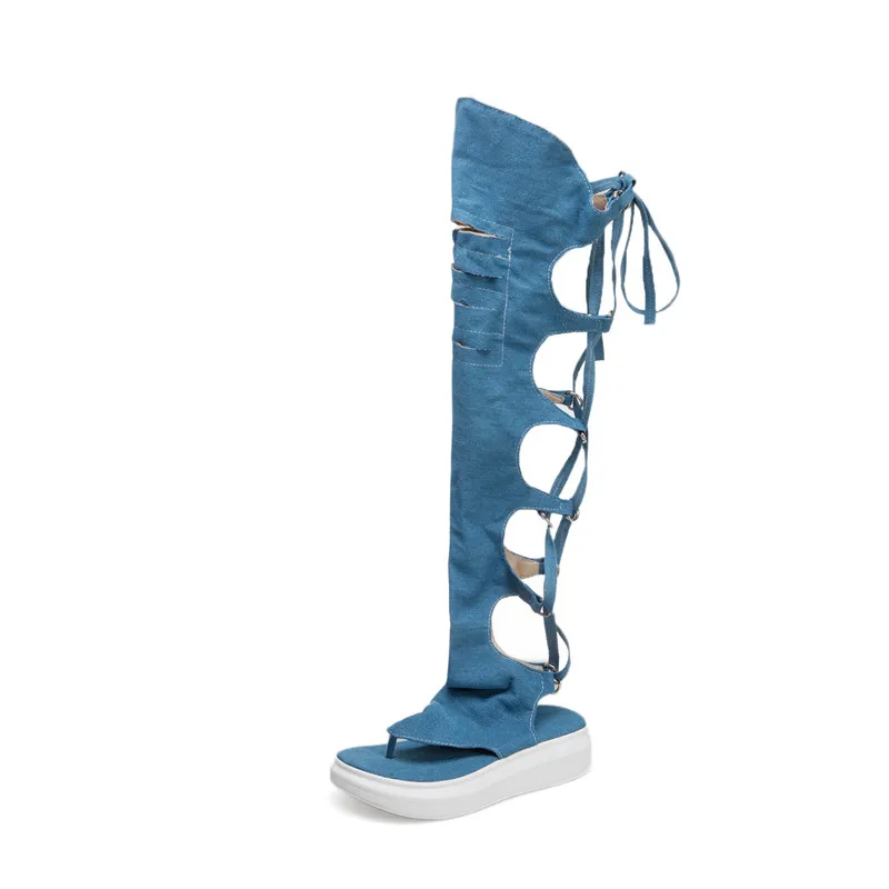 Женские джинсовые сандалии гладиаторы YMECHIC синие черные на платформе с