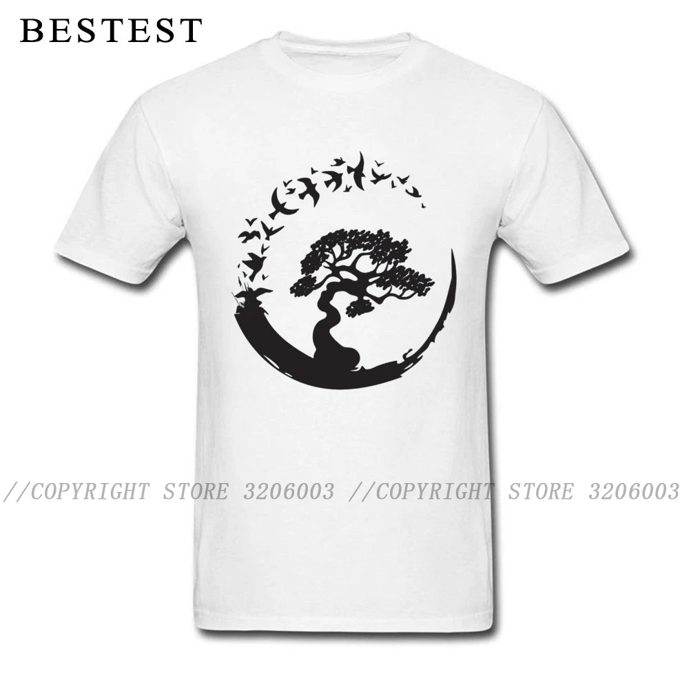 

Men Tees Father Day All Cotton T-Shirt Tops Short Sleeve T Shirts For Male White Black Tshirt Bonsai Tree in Enso Circle Birds