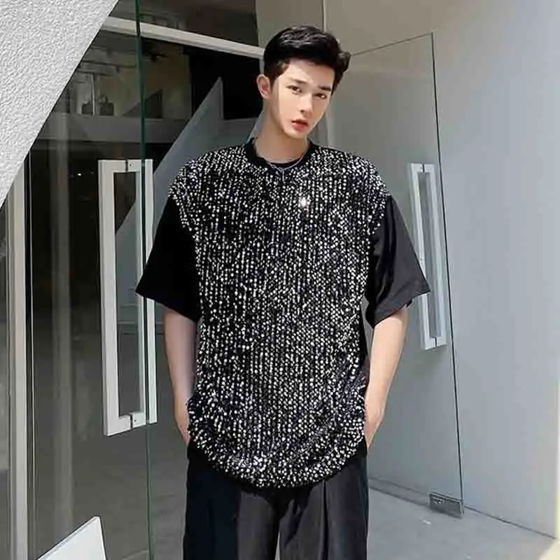

Men's T-shirt personalized casual splicing ins fashion T-shirt night short sleeve sequins loose shop fashion men's fashion