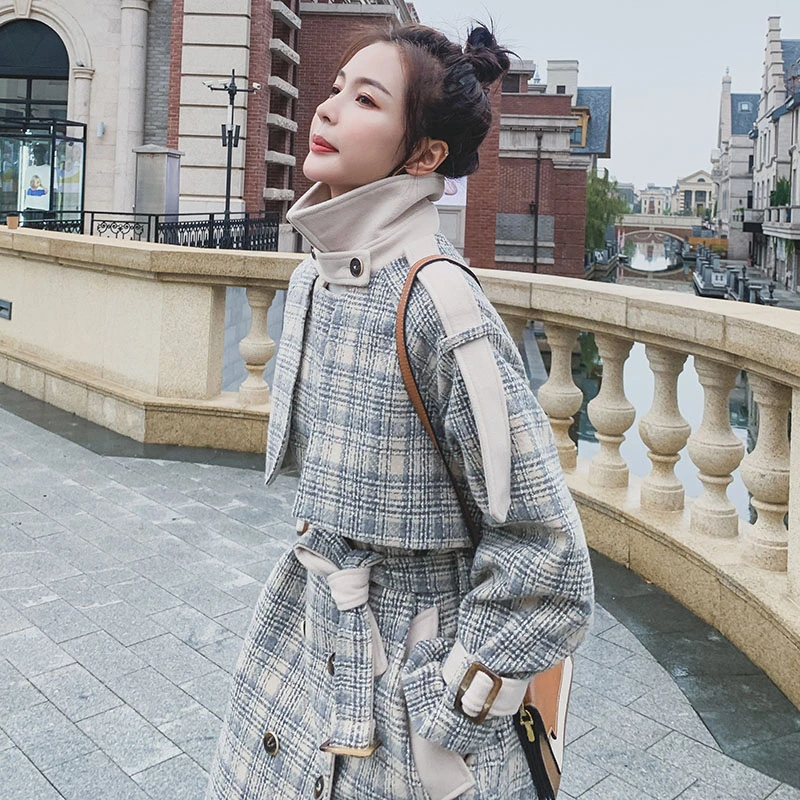 

Unua amo Winter Woolen Coat Women Long Double-breasted Belt Blends Coat 2021 High Quality Retro Plaid Double-sided Woolen Jacket