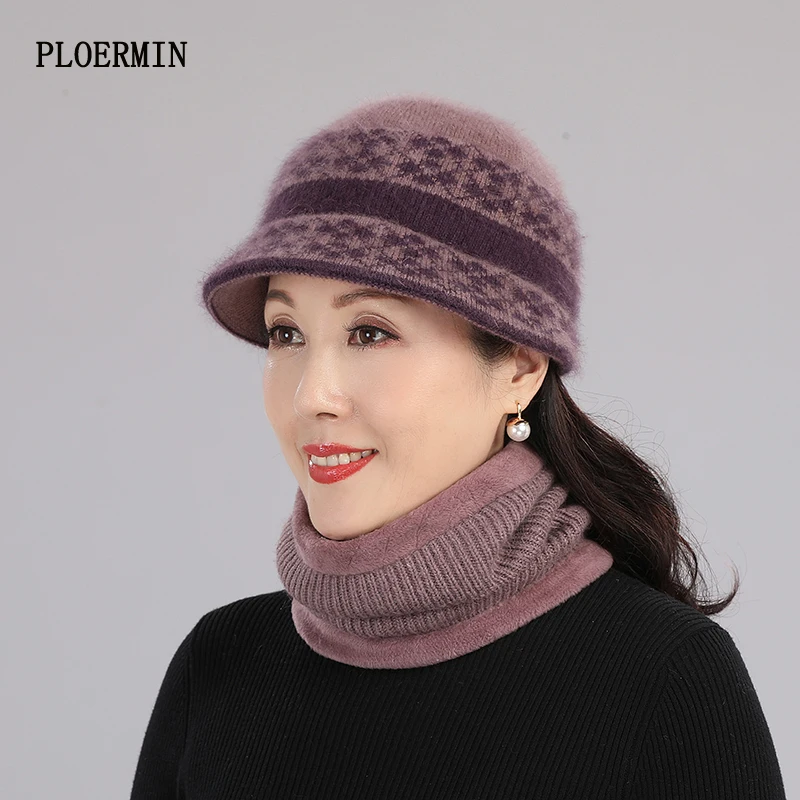 

Новинка Зимняя шерстяная шапка Толстая ветрозащитная теплая плюс бархатная шапка шарф комплект из 2 шт. для женщин модная клетчатая вязаная...