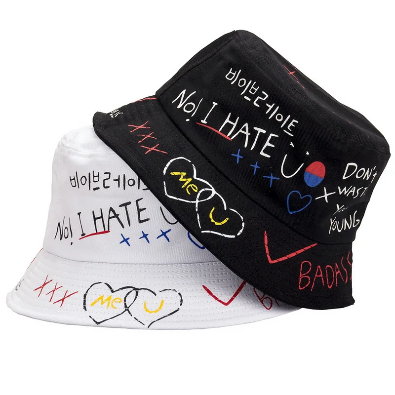 

Unisex Harajuku Bucket Hat Graffiti Letter Women Men Fishing Fisherman Hat Summer Outdoor Panama Hip Hop Cap