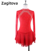 red figure skating costume childrens girl ice skating dress high collar long sleeve backless with shiny diamond