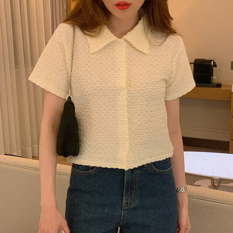 

Korejpaa Women Shirt 2021 Summer Korean Chic Simple Lapel Three-Dimensional Fold Design Single-Breasted Short-Sleeved Blouses