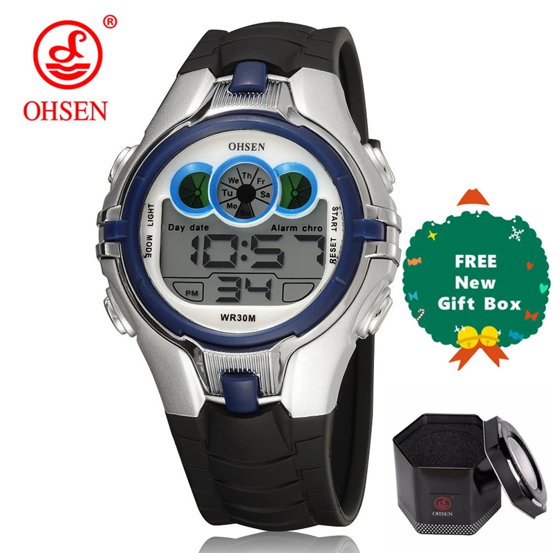 OHSEN Boys Kids Дети Кварцевые спортивные часы Будильник Дата хронографа Светодиодные задние фонари Водонепроницаемые наручные часы Студенческие часы - Цвет: blue plus gift box