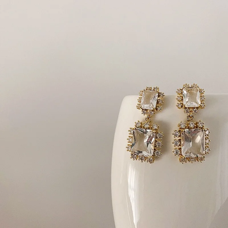 

Korea New Design Fashion Jewelry Simple Generous Double Square Transparent Crystal Earrings Elegant Women's Wedding Earrings