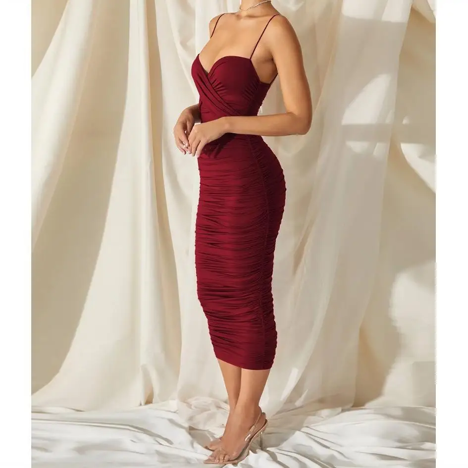 

2021 new women's sexy open back tight elastic suspender dress annual meeting birthday party pleated buttock dress