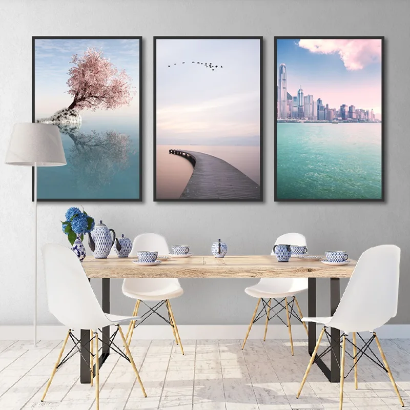 

Modern City Lake Landscape Poster Bridgehead Pink Tree Canvas Painting Frameless Photo Living Room Home Decoration On The Wall