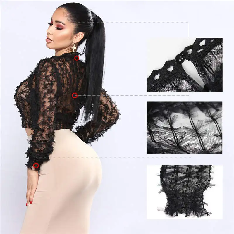 

Sexy Solid Color See-through Sheer Mesh Long Sleeve Crop Top Fashion Summer Blouse Top