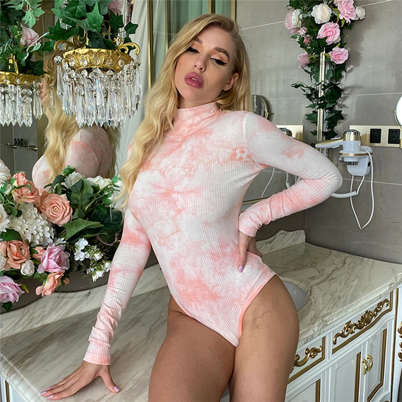 

AIIOU Sexy Bodycon Bodysuit for Women Tie Dye Print Long Sleeve Turtleneck Streetwear Knitted Tops Skinny Clubwear Jumpsuit