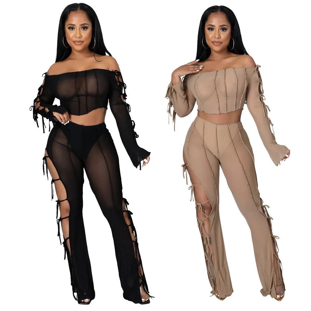 

Sheer Mesh Two Piece Set Women Sexy Off Shoulder Long Sleeve Crop Tops Hollow Out Pants Fashion Night Club Suit