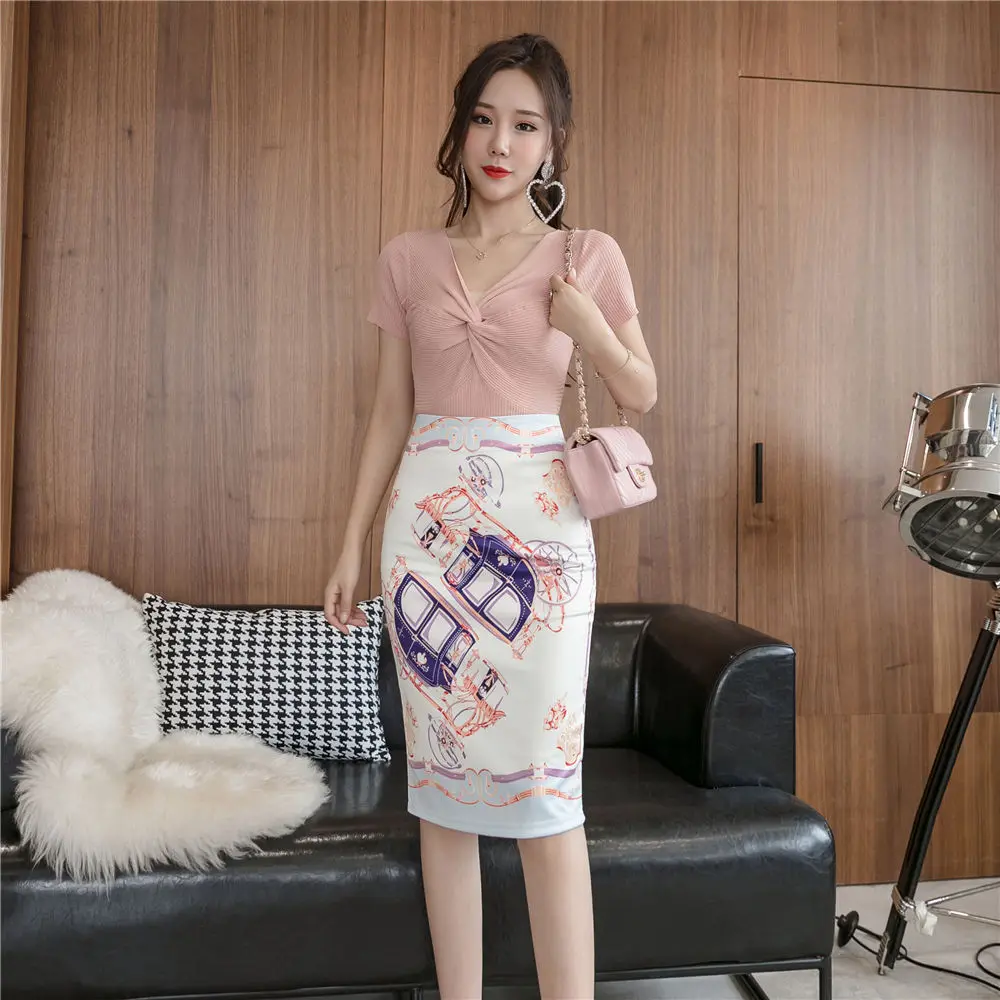 

2021 New Women Skirts Casual High Waist Midi Package Hip Pencil Skirt Fashion Slim Print Back Zipper Split Elegant Office Skirt