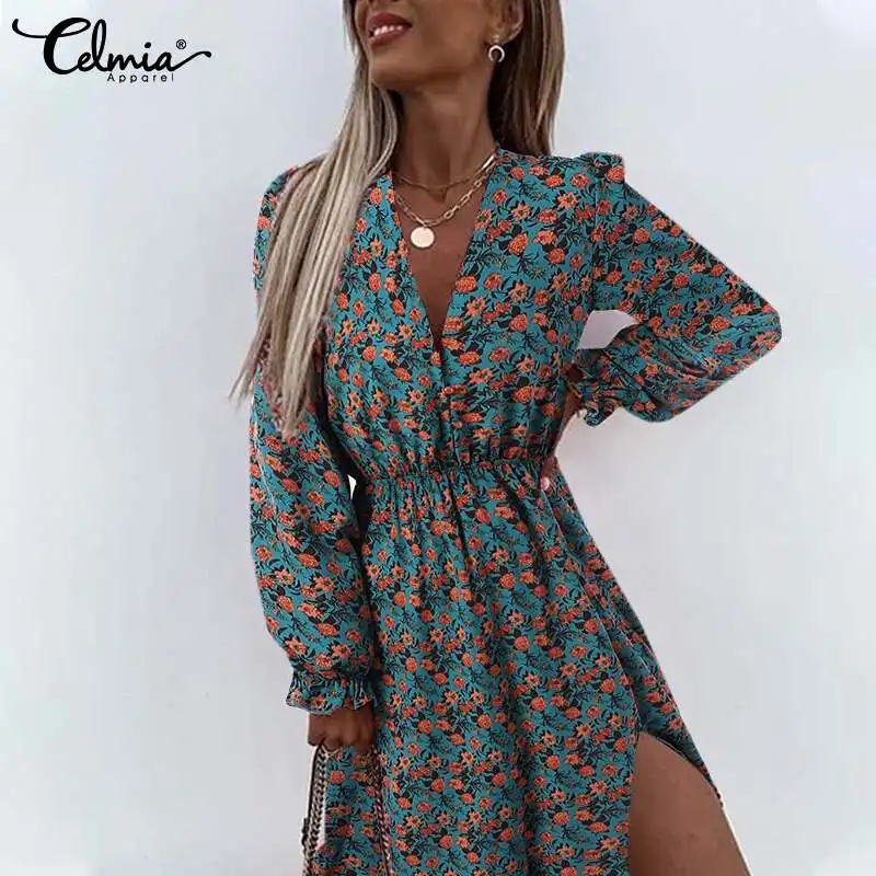 

Celmia Elegant Floral Printed Midi Dress Fashion Women Bohemian Long Puff Sleeve Vestidos Casual V-neck High Waist Long Robes