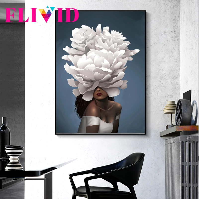 

White Peony Flower Girl Wall Art Canvas Painting Black Women Nordic Poster Wall Pictures For Living Room Home Decor Unframed