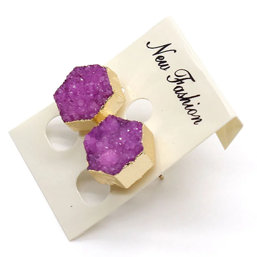 Серьги гвоздики с шестигранным кристаллом кварцевые розово