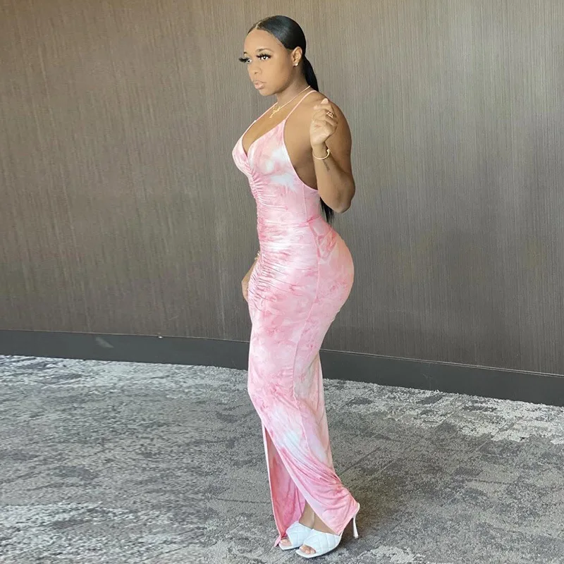 

European new tie dye printed women's party dress summer fashion slim V-neck sleeveless bra long skirt