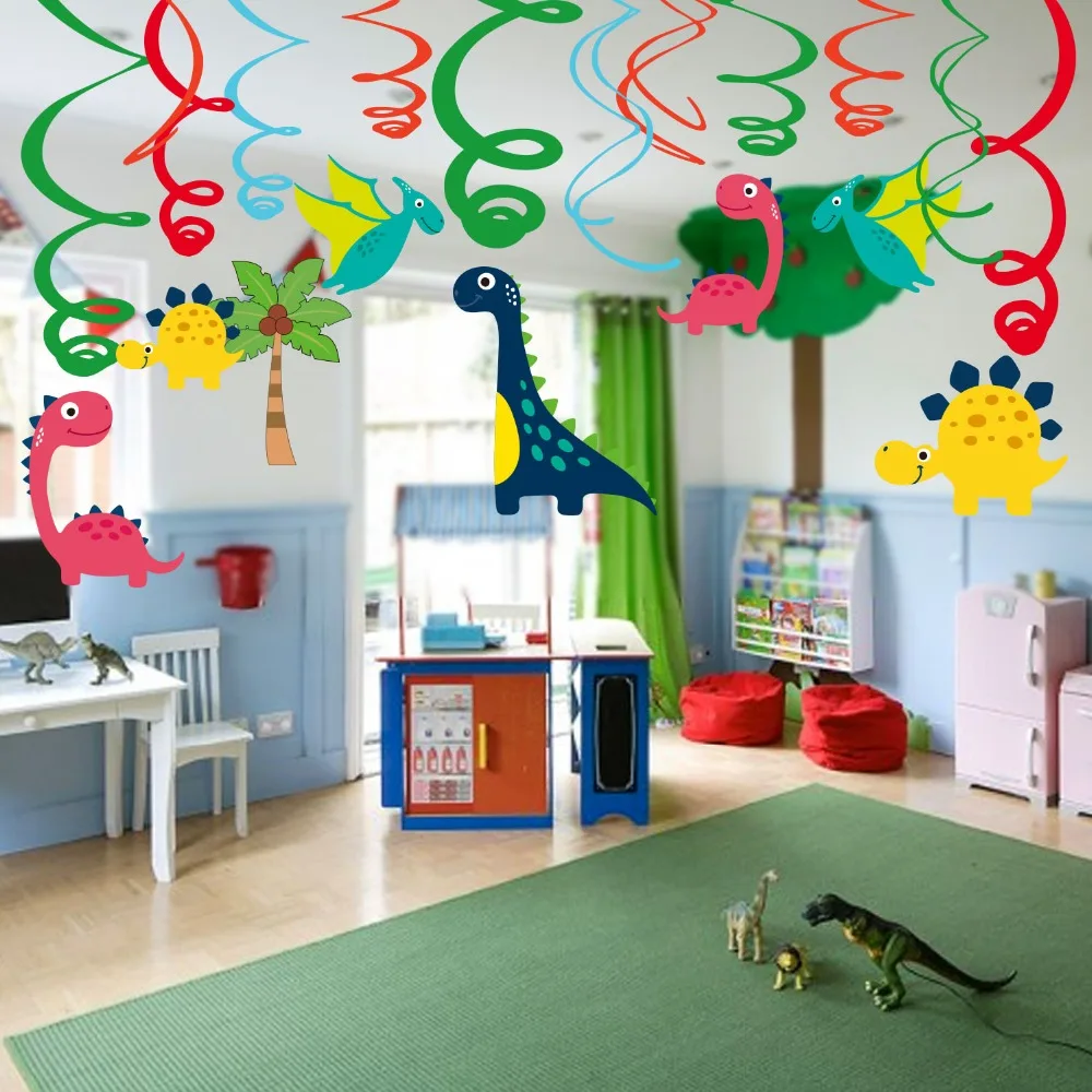 

30pcs Dinosaur Foil Spirals Kids Party Decoration Ceiling Hanging Swirl For Bedroom Happy Birthday Baby Shower Party Favors