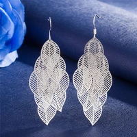hot 925 color silver layered hollow leaves tassel long drop earrings for woman fashion party jewelry trendsetter wedding gift