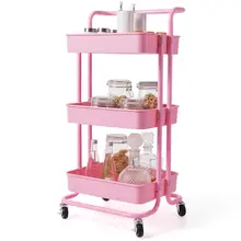 3 Tier Rolling Cart W/Wheels Practical Handle&ABS Storage Basket Organizer Pink HW70189PI