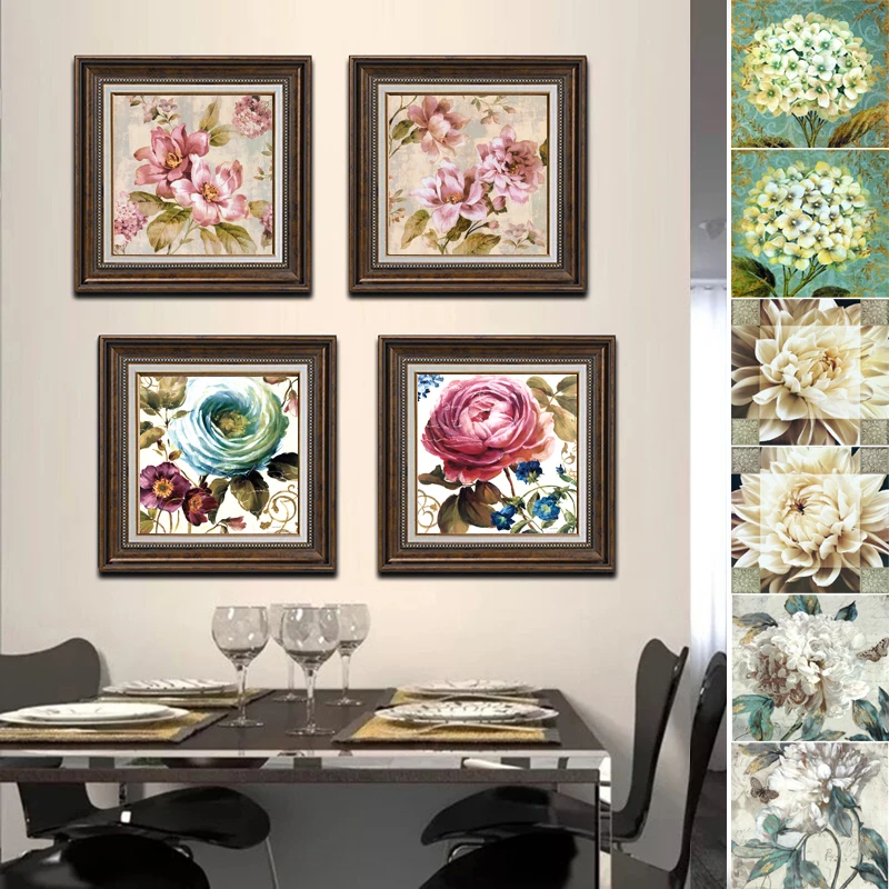 

European Style Retro Flower Canvas Printing Mural Restaurant Wall Art Plant Flower Photo Frame Decoration Home Poster Frameless