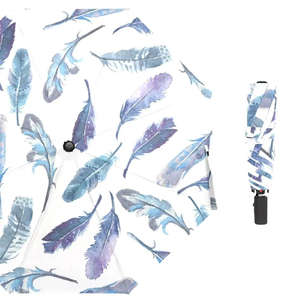 

Ultralight Umbrella Watercolor Feathers Non Automatic Sun Umbrella Rain Women Anti UV Parasol Three Folding Umbrellas Portable