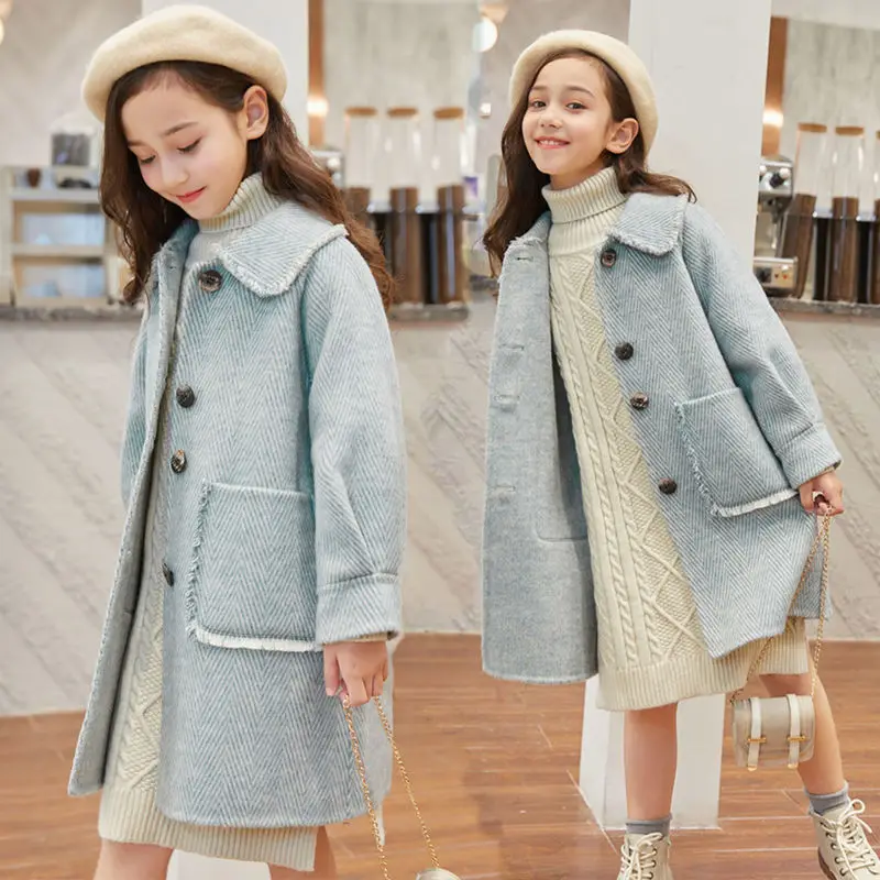 

2021 Autumn Winter Children Girls Coats Outerwear Girls Thick Warm Jacket Woolen Long Trench Teenagers Clothes Kids Outfits G200