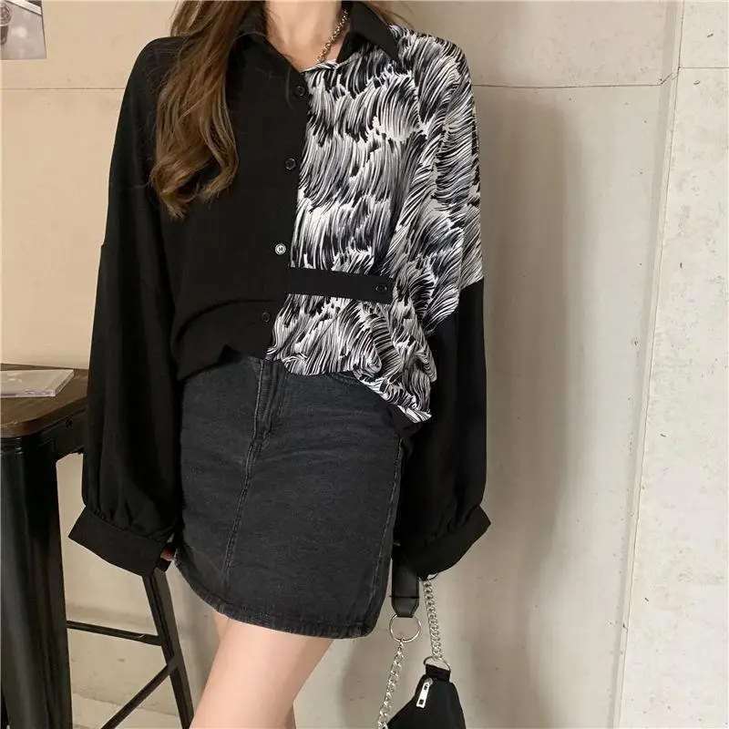 

Blouses Shirts Women Chiffon Print Harajuku Streetwear Hip Hop Leisure Thin Autumn Chic Womens Vintage Loose Stylish New