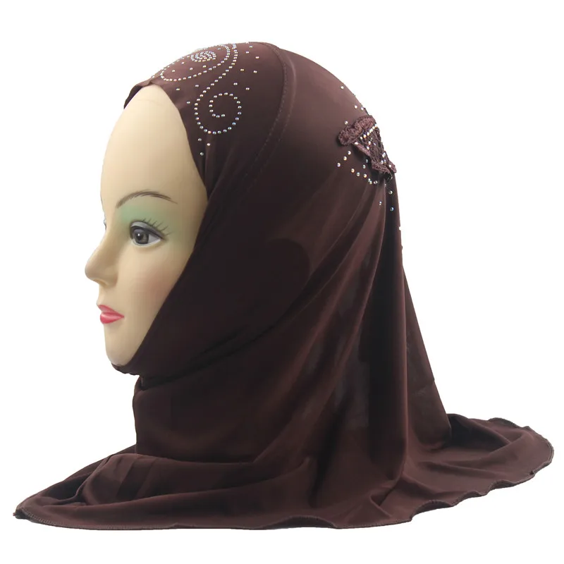 Coffee Girls Hijab Kids Muslim Beautiful Embroidery Hijab Islamic Fashion Scarf Shawls Flower Pattern about 45cm - Цвет: Coffee