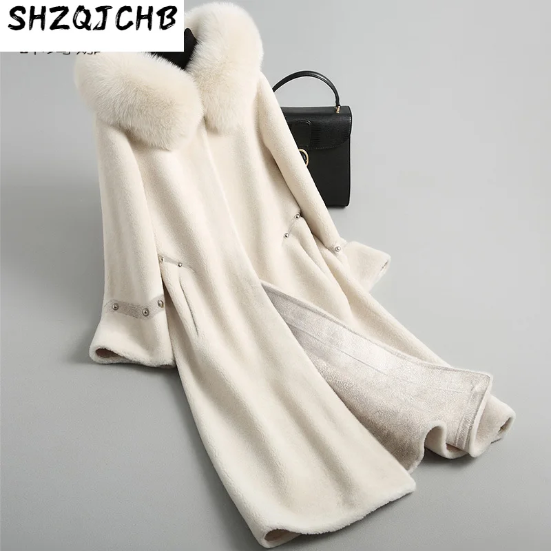 

SHZQ осенне-зимнее новое шерстяное меховое пальто с капюшоном из лисьего меха Композитное длинное женское пальто