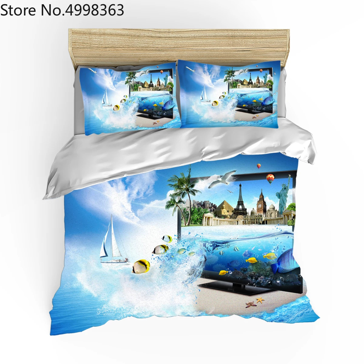 Набор пододеяльников с голубым океанским пейзажем Комплект постельного белья 3D